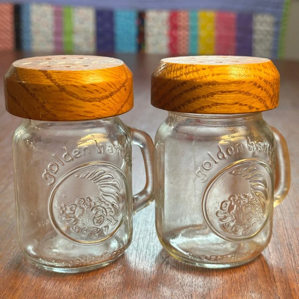 Golden Harvest Mini Mason Jar Salt & Pepper Shaker Set Wood Inlay Lids